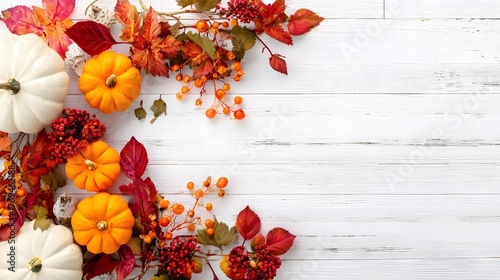 Stock-photo-contest winner, top-view flat-lay: vibrant fall leaves and orange pumpkins scatter along edges of white-washed wooden boards, vast copy-space center perfect for banner, poster or seasonal 