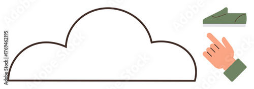 Cloud shape with a shoe and pointing hand nearby emphasizes decision-making, options, cloud storage, or creativity. Ideal for topics thumbs up choices, guidance, cloud computing, education, analysis