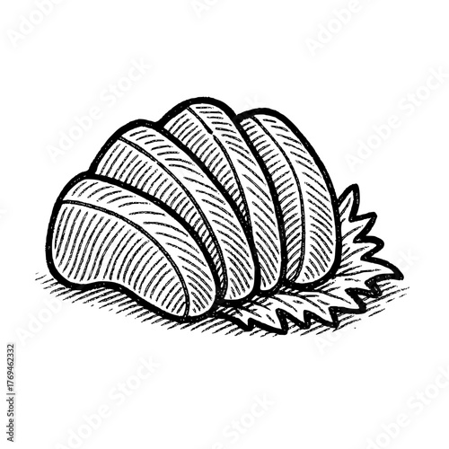 Artistic illustration of fresh sashimi slices on a bed of green leaves