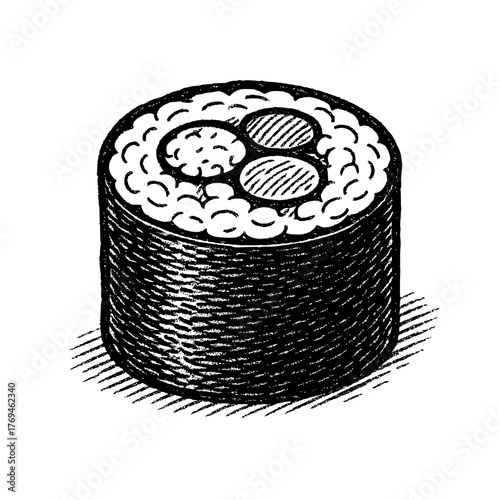 Detailed black and white illustration of a single piece of sushi on a white background.