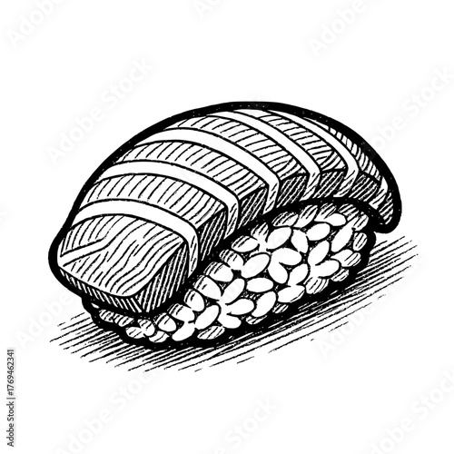 Delicious salmon nigiri sushi illustration in black and white