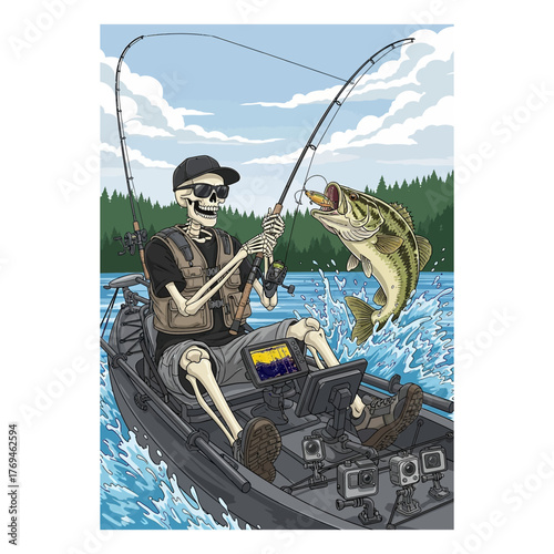 Cool skeleton catching a big bass fish while kayak fishing on a lake in a life vest and shades.