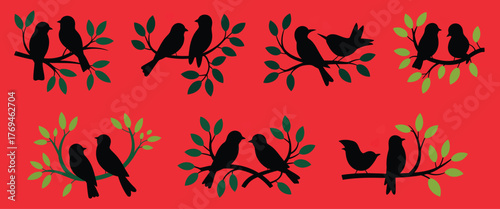 Vector illustration set of loving birds on branch, charming couple expressing warmth, passion and togetherness, nature-inspired silhouette art for romantic greeting cards, celebration designs, affecti
