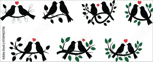 Two birds on branch loving each other, beautiful love bird silhouette set, romantic couple symbol of unity and affection, vector illustration for greeting cards, nature romance concepts, wedding desig