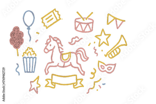 Colorful carnival icons featuring a horse, popcorn, and festive decorations for celebrating joyful events