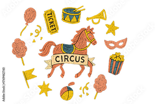 Colorful circus elements featuring a horse, ticket, cotton candy, and more in a playful design