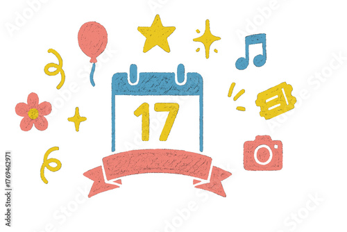 Colorful calendar design featuring the number 17 with festive symbols for planning an event or celebration