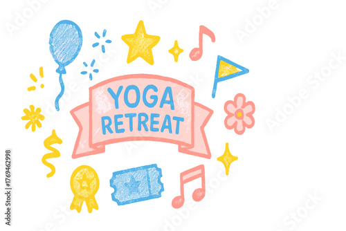 Creative illustration of yoga retreat themed decorations featuring balloons, flowers, and stars