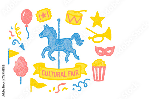 Bright and colorful illustration of a cultural fair featuring a carousel horse and festive elements for family fun