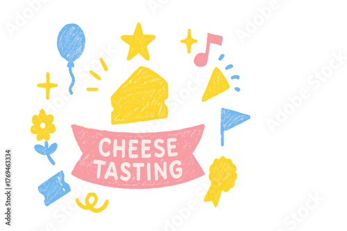 Cheese tasting event features colorful decorations and joyful atmosphere with stars, balloons, and flags in a festive setting
