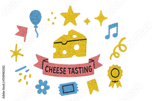 Cheese tasting event with colorful decorations and playful designs featuring cheese, stars, and musical notes