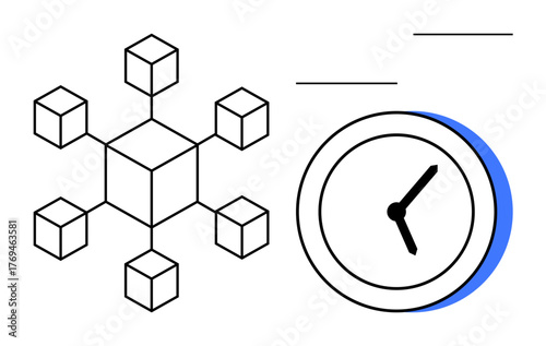 Cubic network structure and clock with simple accents. Ideal for technology, efficiency, data flow, time management, blockchain, innovation, workflow. Simple flat metaphor
