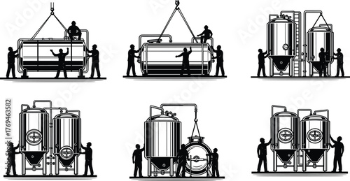 Silhouette vector illustration of workers installing brewery tanks with crane, operating fermentation vessels, teamwork, inspection, maintenance, safety, engineering, construction, and industry
