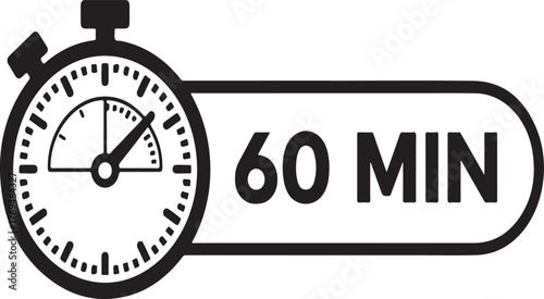 A stopwatch showing sixty minutes time stopwatch, time, minutes, sixty, deadline, urgent, countdown, clock, timer, management, watch, icon, symbol, graphic, illustration, vector, black, white, 