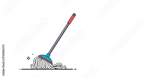 A vibrant cartoon illustration of a mop with clean white strands and a blue head, resting on the floor and symbolizing cleanliness.