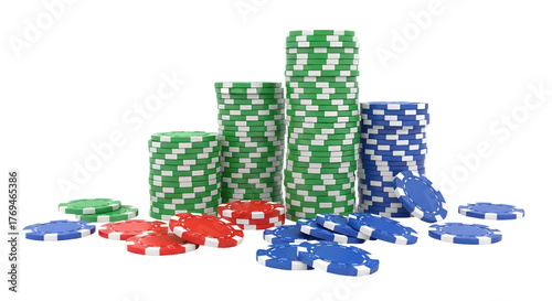 Stacks of Casino Poker Chips in Green Red and Blue