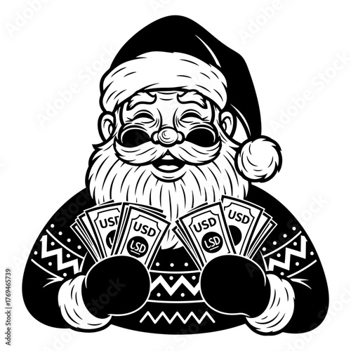 Jolly Santa Claus celebrating a prosperous Christmas, holding stacks of money with festive cheer, holiday bonus, winter season wealth and abundance