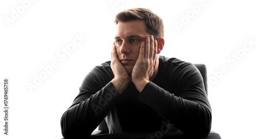 Bored man resting his face on his hands, sitting in a dark shirt against a bright white background, expressing fatigue or deep thought.