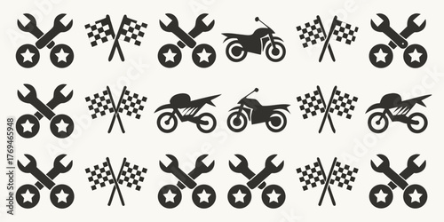 Collection of motorcycle racing icons including checkered flags and wrench tools with stars