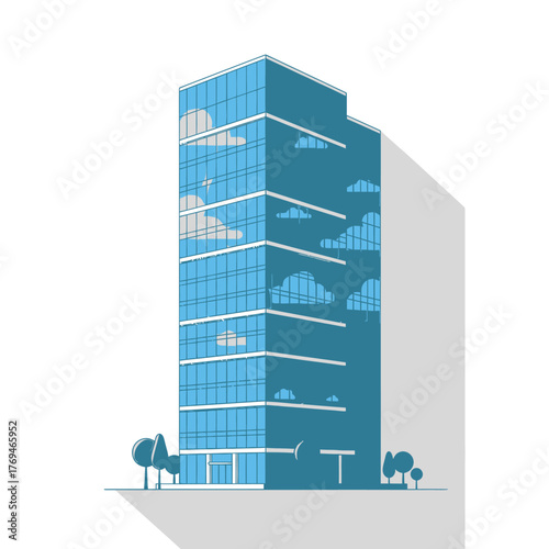 Modern glass skyscraper office building with clouds reflecting in its windows against a white background with long shadow and trees