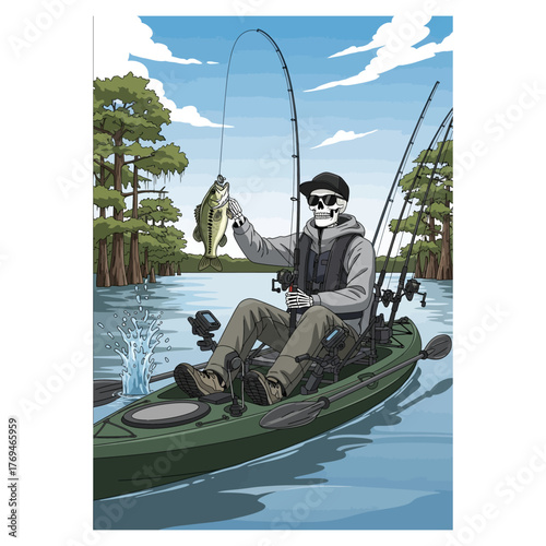 Cool skeleton catching a big bass fish while kayak fishing on a lake in a life vest and shades.
