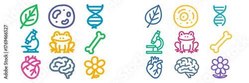 Icons representing biology and science themes with various elements including DNA, cells, and organisms arranged in a colorful grid