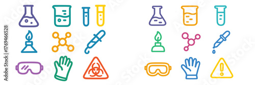 Colorful science lab icons representing various laboratory tools and safety equipment for educational purposes