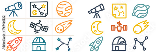 Colorful illustrations of space exploration tools and celestial bodies in a grid pattern showcasing astronomy activities and objects