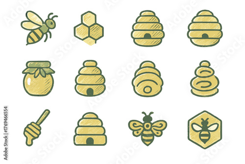 Colorful illustrations of bees, honeycombs, and hives in a playful design