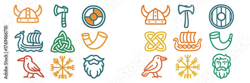 Viking symbols and icons showcasing traditional Norse culture with helmets, ships, and mythical creatures
