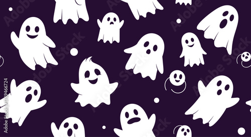 A fun and spooky seamless pattern featuring various white cartoon ghosts with different expressions and small white dots on a dark purple background.