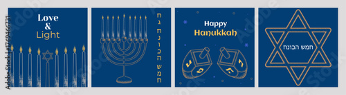 Hanukkah Greeting Card Set with Menorah, Dreidels, Star of David and Hebrew Text – Jewish Holiday Vector Illustration for Traditional Celebration, Poster, Banner, Web Design and Modern Digital Concept