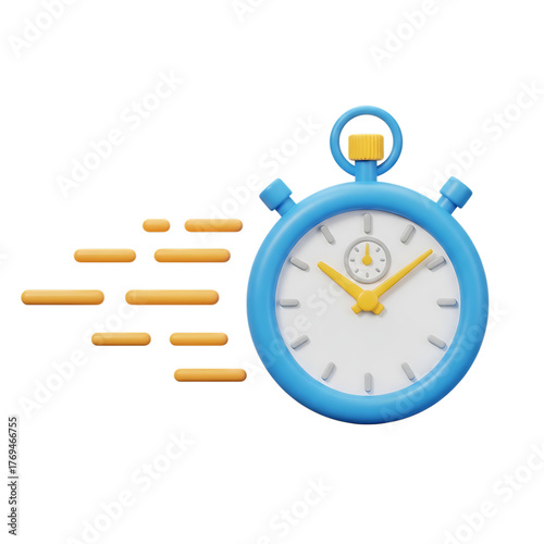 Blue stopwatch with yellow hands showing elapsed time isolated on transparent background