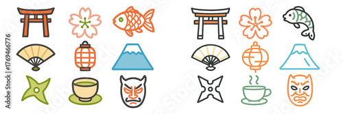 Colorful symbols representing Japanese culture featuring traditional items, nature, and folklore elements arranged in a creative pattern