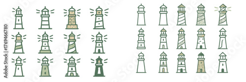 Collection of hand-drawn lighthouse illustrations showcasing different designs and styles, perfect for nautical themes