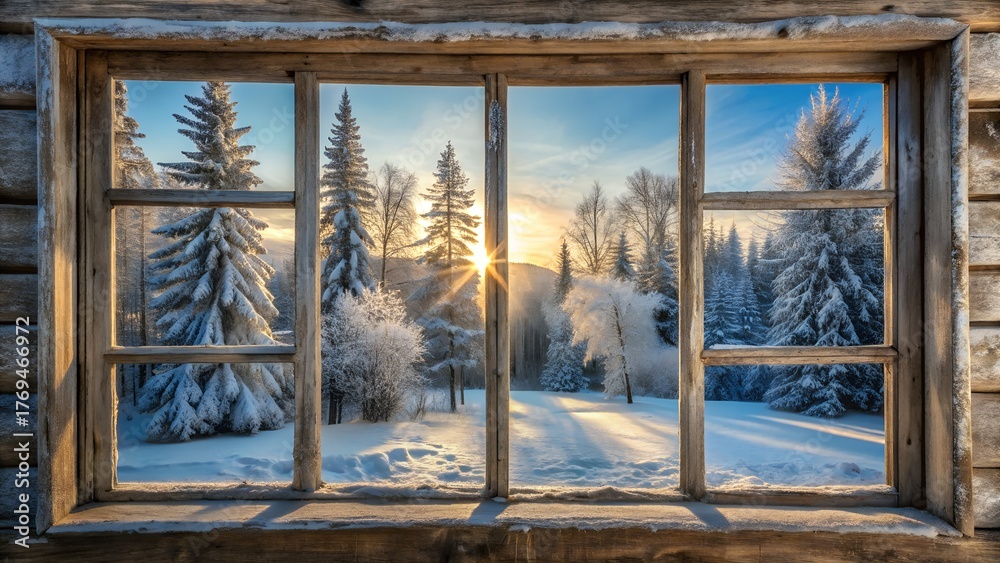 Fototapeta premium Cozy rustic cabin window view of a serene snowy forest landscape at sunrise with golden light and frosty trees