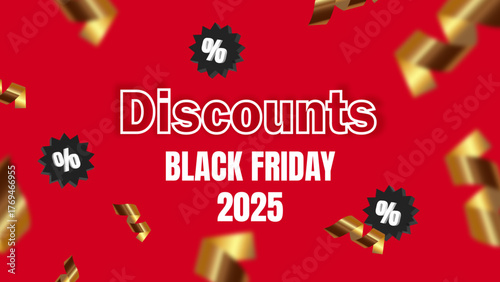 Black Friday 2025 Discounts Banner with Golden Confetti on Red Background