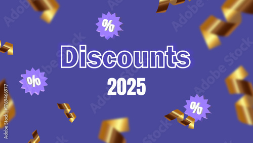 Discounts 2025 Sale Banner with Golden Confetti on Blue Background