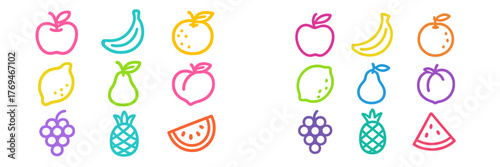 Colorful fruit illustrations in various shapes and designs with a lively arrangement on a white background