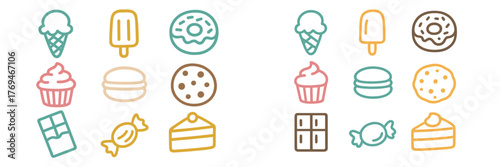 Delicious assortment of colorful dessert icons featuring ice cream, cupcakes, and candies in a playful design