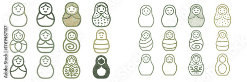 Colorful collection of matryoshka dolls displayed in various styles on a bright background
