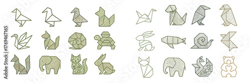 Various origami animals displayed on a white background showcasing intricate folding techniques in a creative arrangement