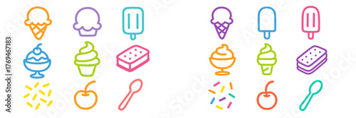 Fun and colorful icons of ice cream treats and desserts in various forms and shapes displayed in a vibrant pattern