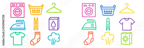 Colorful laundry icons representing various tasks and tools for cleaning clothes at home