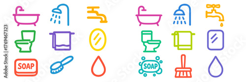 Bright and colorful bathroom hygiene icons showcasing essential cleaning items and fixtures in a lively design perfect for children's education