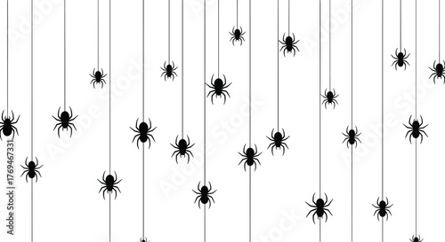 Numerous black spiders of varying sizes hang on thin vertical threads against a clean white background, creating a minimalist and spooky Halloween pattern.