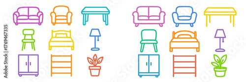Colorful line art of various furniture items arranged in two groups for home decoration ideas