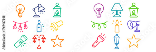Bright and colorful collection of light-related icons with various styles and designs for creative projects
