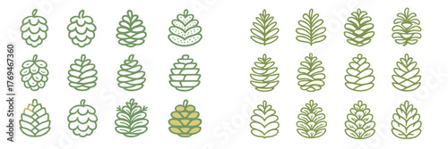 Collection of simple pinecone illustrations in various styles and sizes displayed on a white background