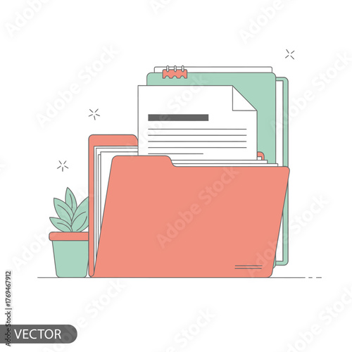 Minimalist vector art of open file folders with organized documents, symbolizing efficient data management, paperwork, and office administration